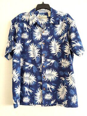 ORVIS Latitudes Shirt Men's L Blue White Leaves Hawaiian Casual Short Sleeve